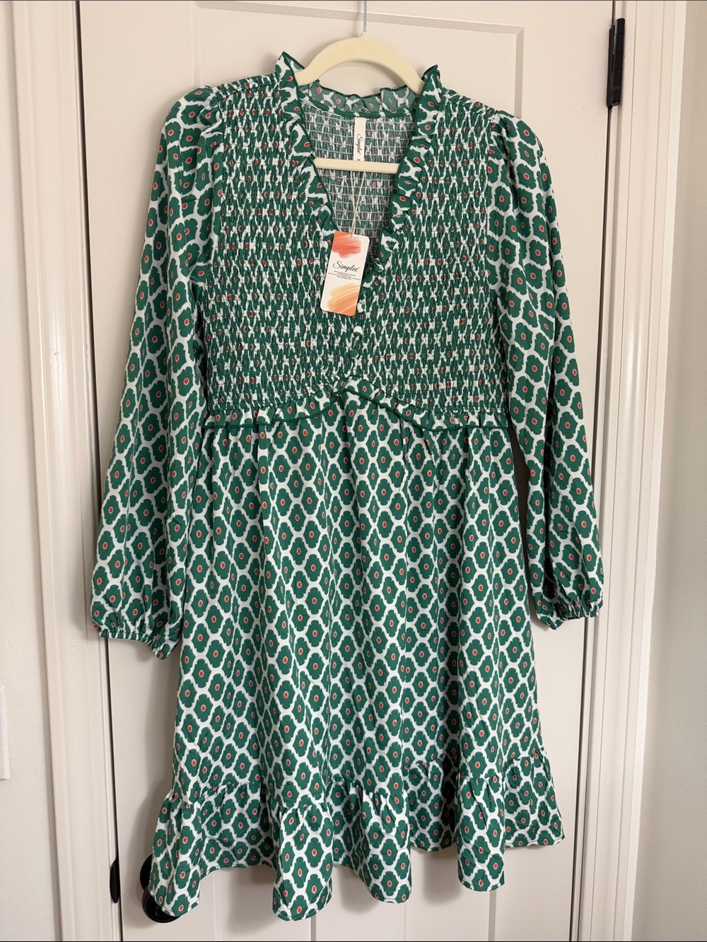 Simplee Apparel Emerald Green Geometric Smocked Long Sleeve Dress